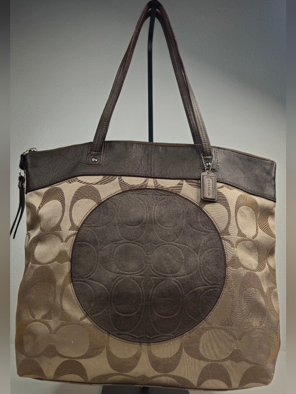 Authentic Coach Signature Jacquard Leather Large Tote Shoulder Bag Brown Tan